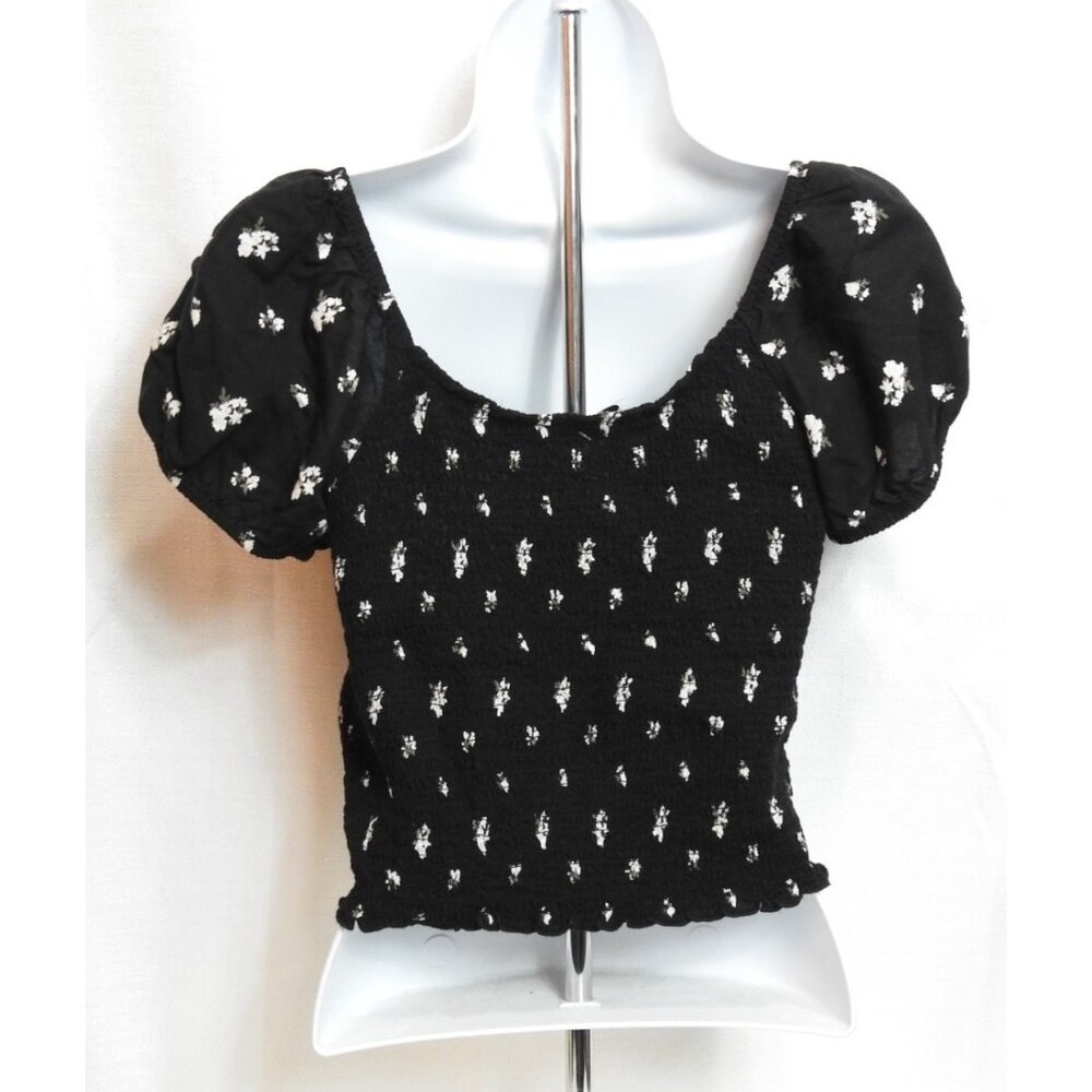 Hollister Black Floral Smocked Puff Sleeve Crop Top XS Cottagecore Sz M - Picture 5 of 8